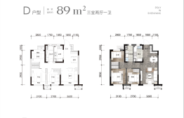 保利·和光屿湖3室2厅1厨1卫建面89.00㎡